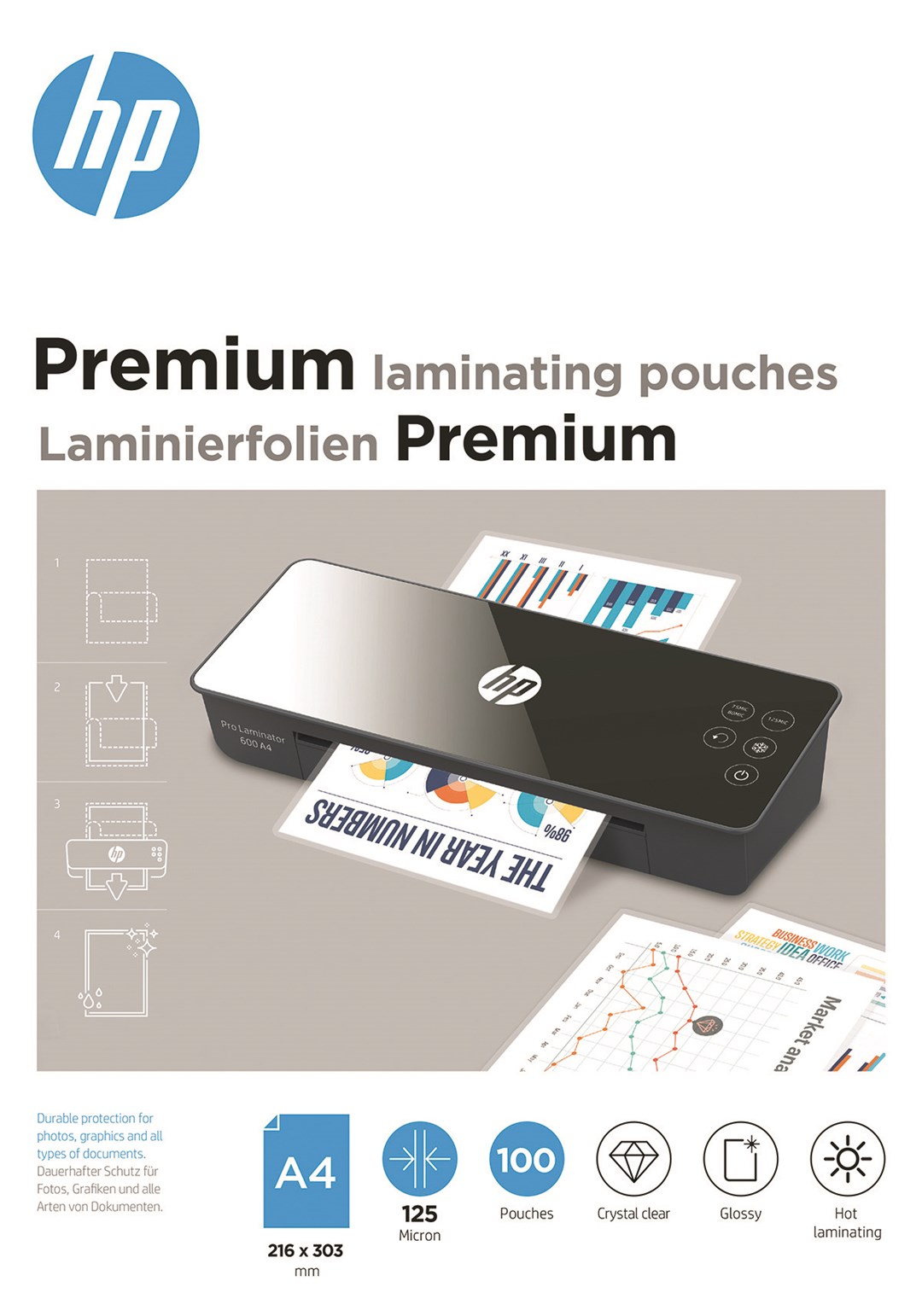 Folie laminacyjne HP PREMIUM, A4, 125 mic, 100 szt., przezroczyste/połysk