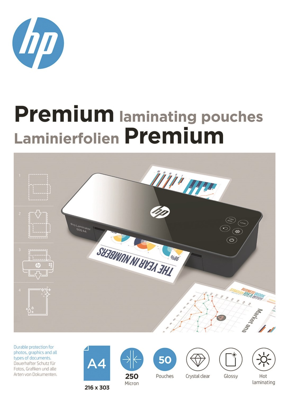 Folie laminacyjne HP PREMIUM, A4, 250 mic, 50 szt., przezroczyste/połysk