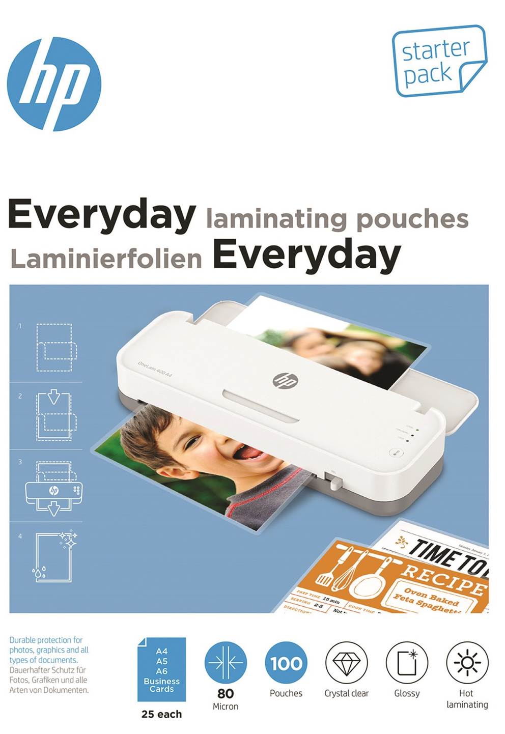 Folie laminacyjne HP EVERYDAY, 25 x (A4, A5, A6, B-Card), 80 mic, 100 szt., przezroczyste/połysk