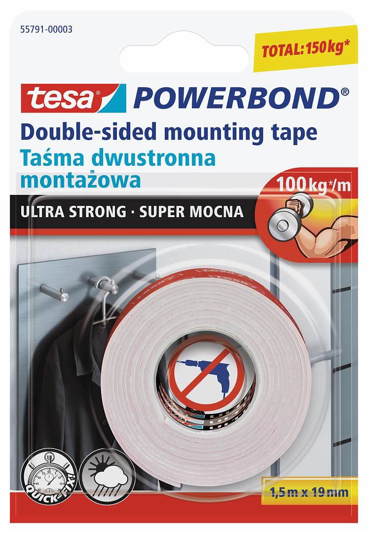 TAŚMA TESA DWUSTRONNA POWERBOND ULTRA ST RONG 1,5XM X19MM TRANSPARENTNA