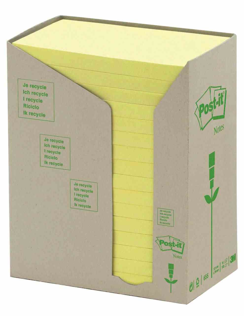 Bloczek samoprzylepny ekologiczny POST-IT® (655-1T), 16x100 kart., 127x76mm, żółty