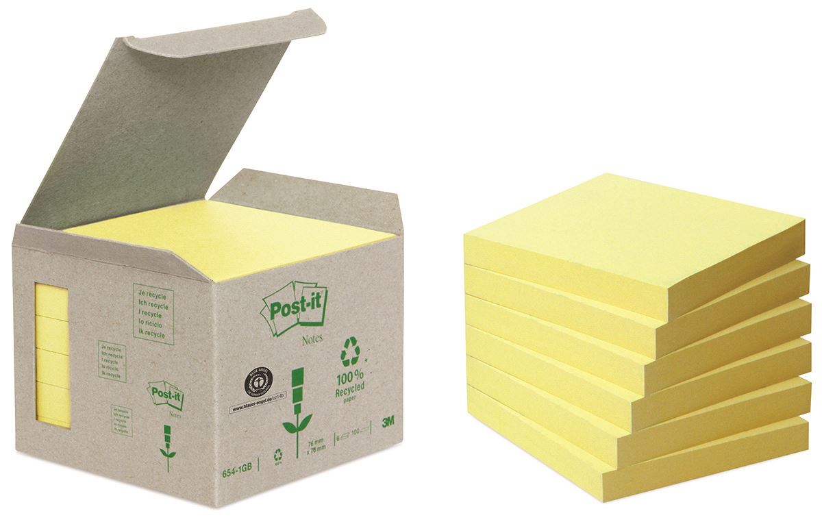 Bloczki ekologiczne POST-IT® (654-1B), 76x76mm, 6x100 kart., żółte