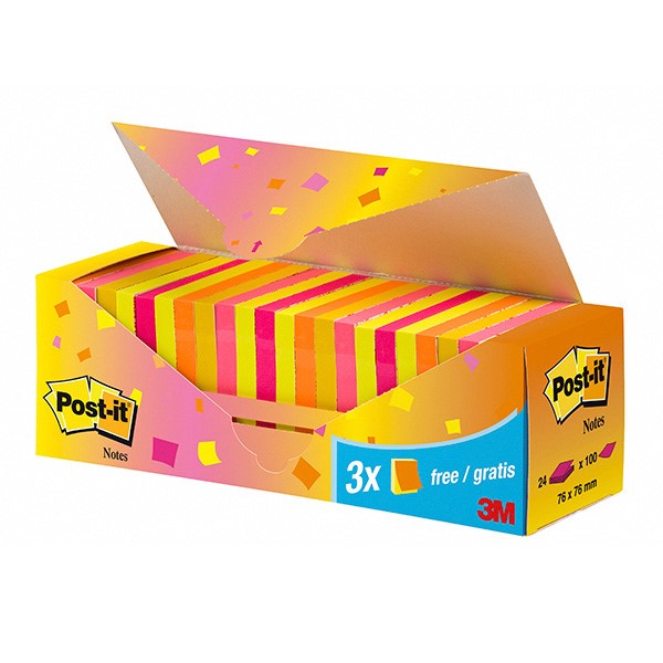 Bloczek samoprzylepny POST-IT® (654-NP24), 76x76mm, 21+3x100 kart., mix kolorów, 3 bloczki GRATIS