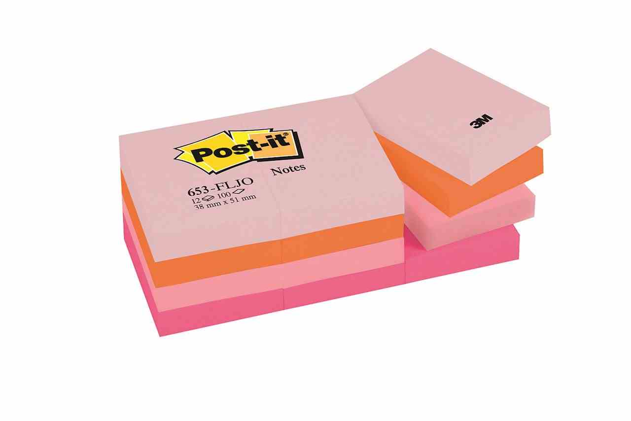 Bloczek samoprzylepny POST-IT® (653-FLJO), 38x51mm, 12x100 kart., paleta radosna