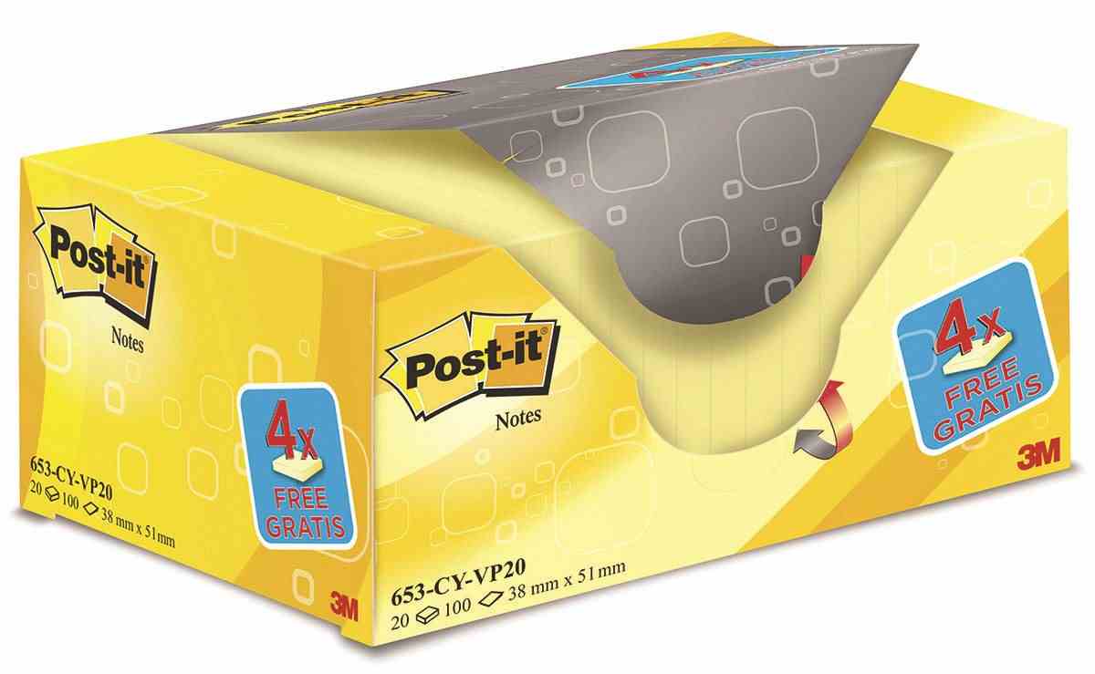 Bloczek samoprzylepny POST-IT® (653CY-VP20), 38x51mm, (16+4)x100 kart., żółte, 4 bloczki GRATIS