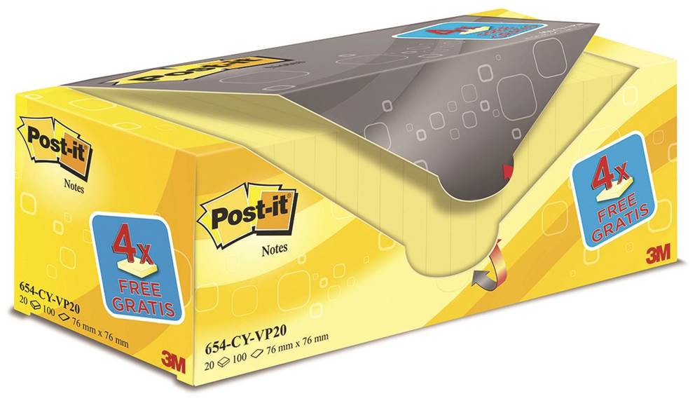 Karteczki samoprzylepne POST-IT® (654CY-VP20), 76x76mm, (16+4)x100 kart., żółte, 4 bloczki GRATIS
