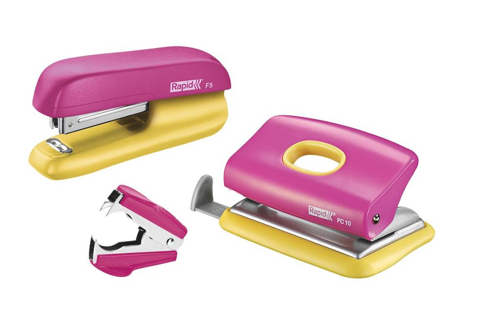 Zestaw Funky: zszywacz F5 /dziurkacz FC10/rozszywacz /zszywki, różowy/ żółty, 5 lat gwarancji, 10 kartek