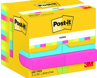 Bloczek samoprzylepny POST-IT® (653-TFEN), 38x51mm, 12x100 kart., paleta energetyczna