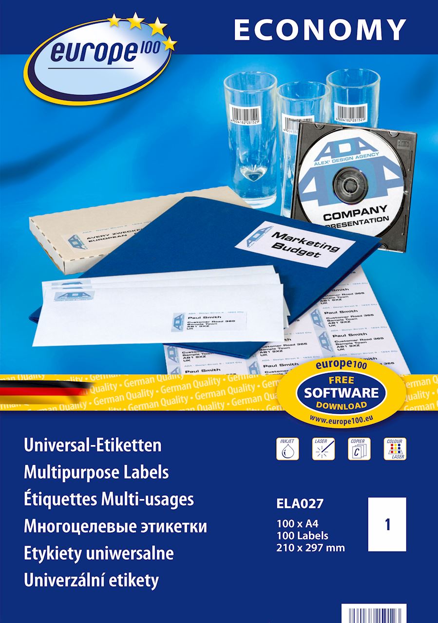 Etykiety uniwersalne Economy Europe100 by Avery Zweckform; A4, 100 ark./op., 210 x 297 mm, białe