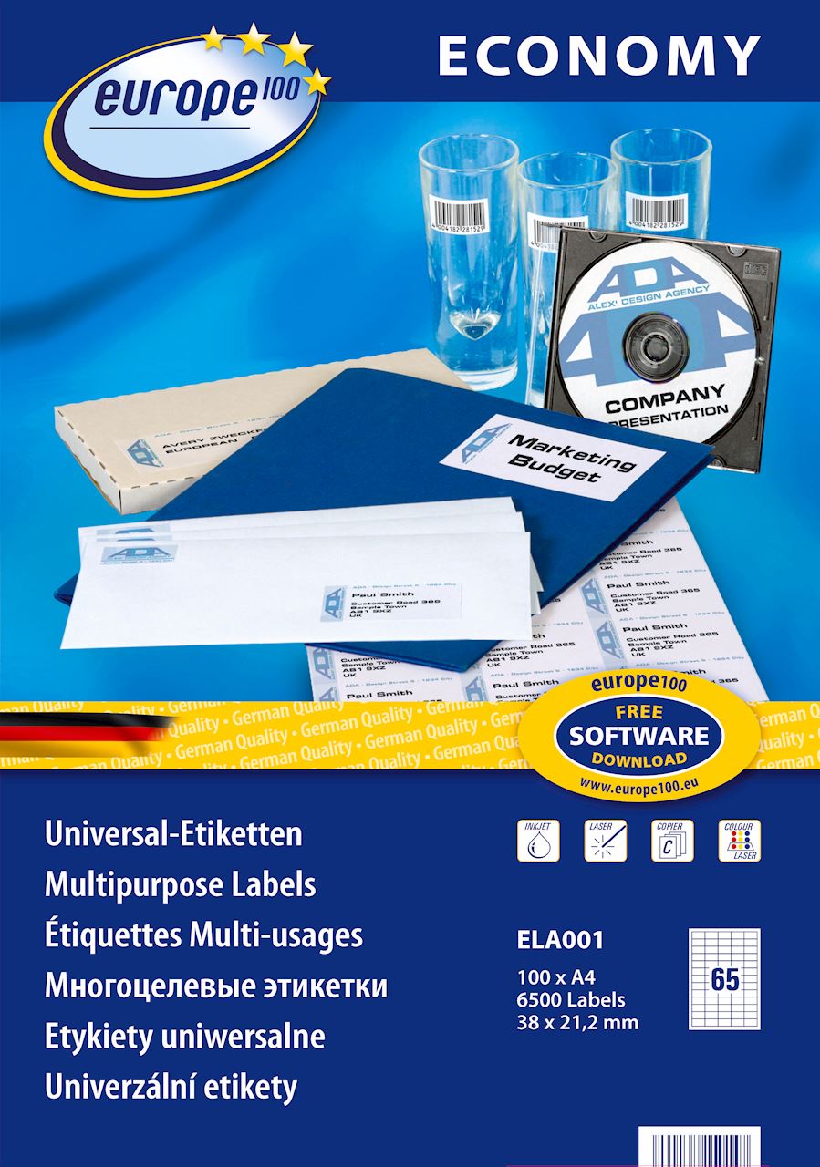 Etykiety uniwersalne Economy Europe100 by Avery Zweckform; A4, 100 ark./op., 38 x 21,2 mm, białe