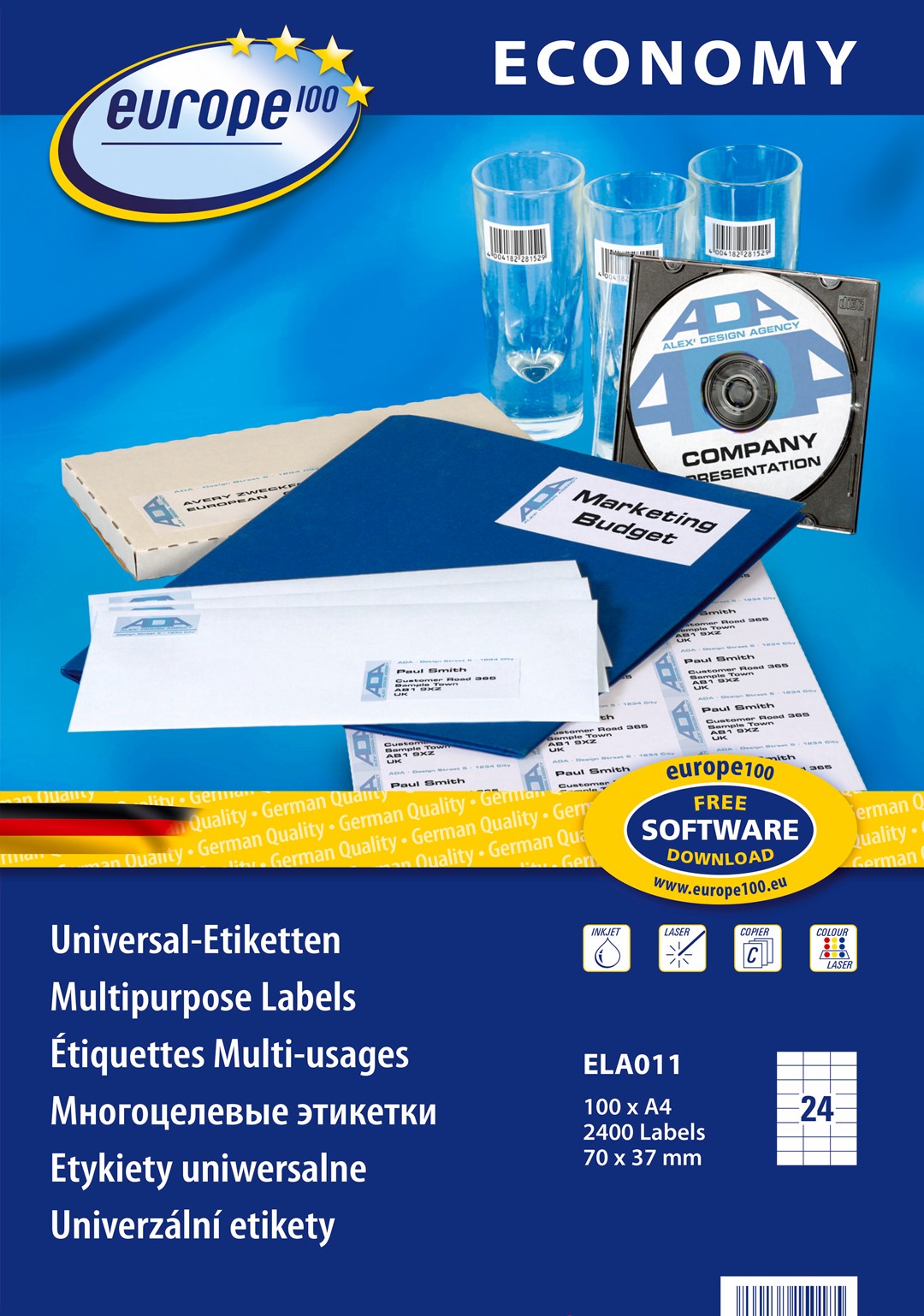 Etykiety uniwersalne Economy Europe100 by Avery Zweckform; A4, 100 ark./op., 70 x 37 mm, białe