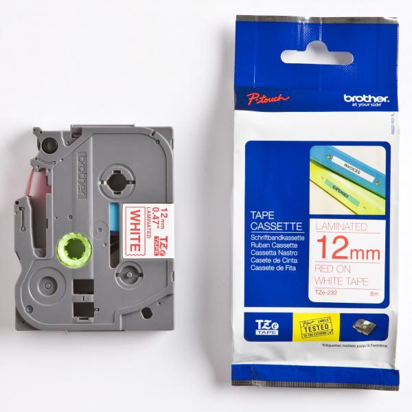 Taśma Brother laminowana 12mm x 8m czerwony nadruk/ białe tło