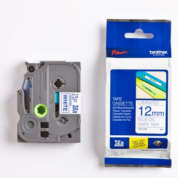 Taśma Brother laminowana 12mm x 8m niebieski nadruk / białe tło