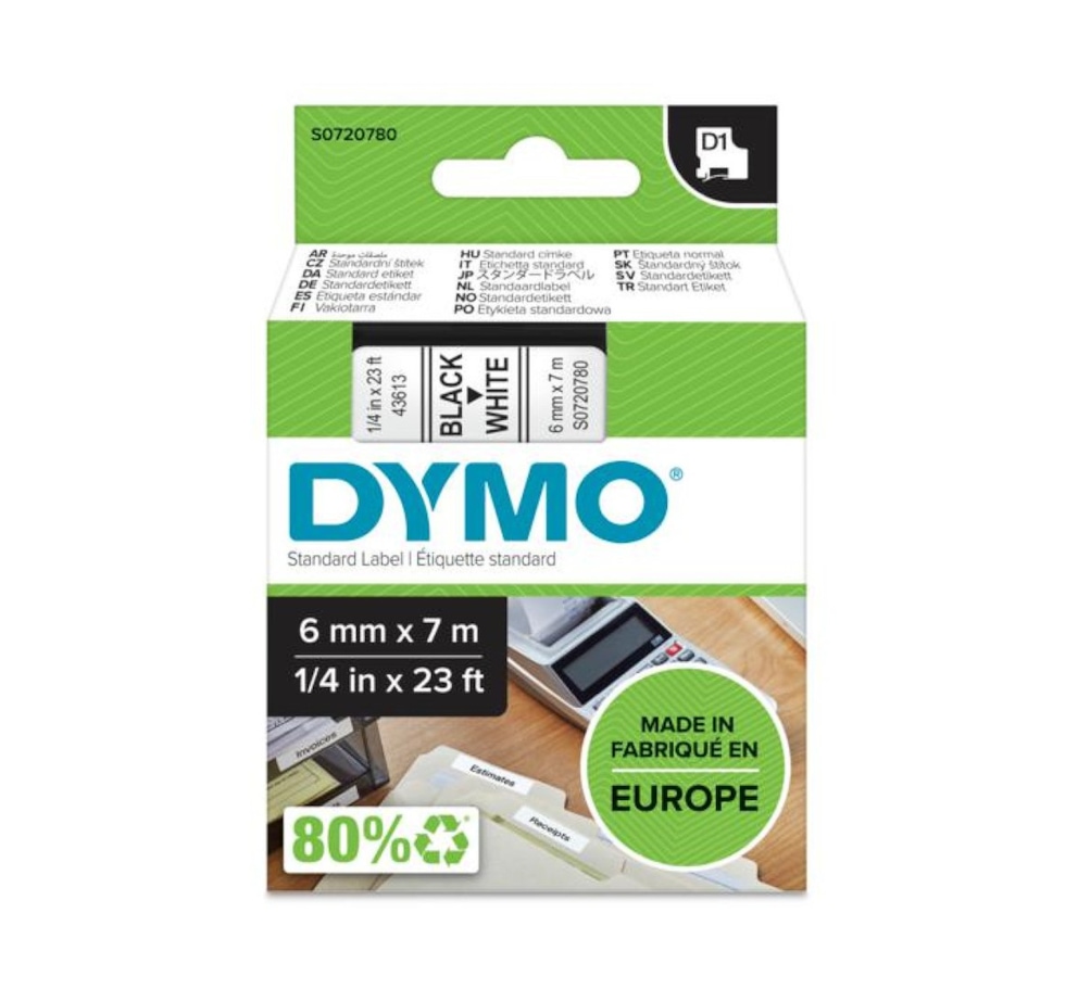 DYMO D1 etykiety, czarny nadruk na przezroczystym, 6 mm x 7 m, samoprzylepne etykiety do drukarek etykiet LabelManager,