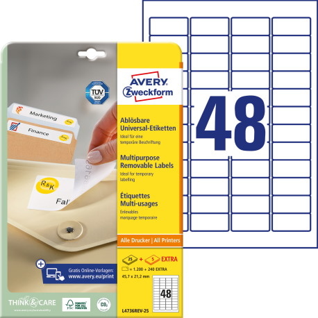 Usuwalne etykiety uniwersalne; A4, 25 ark./op., 45,7 x 21,2 mm, białe