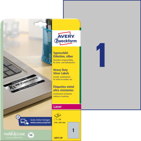 Etykiety znamionowe srebrne; A4, 20 ark./op., 210 x 297 mm, srebrne, poliestrowe