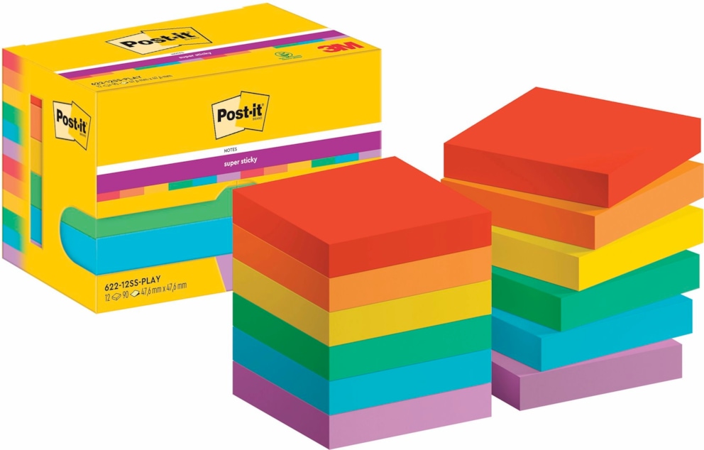 KARTECZKI SAMOPRZYLEPNE POST-IT SUPER STICKY, 47,6X47,6MM, 12X90 KART., PALETA PLAYFUL