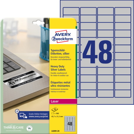 Etykiety znamionowe srebrne; A4, 20 ark./op., 45,7 x 21,2 mm, srebrne, poliestrowe