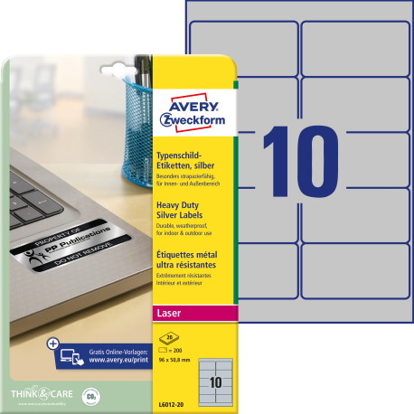Etykiety znamionowe srebrne; A4, 20 ark./op., 96 x 50,8 mm, srebrne, poliestrowe