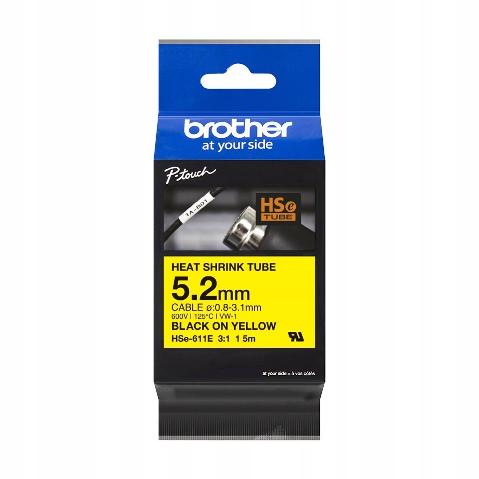 Brother oryginalny taśma do drukarek etykiet, Brother, HSE-611E, czarny druk/żółty podkład, 1.5m, 5.2mm