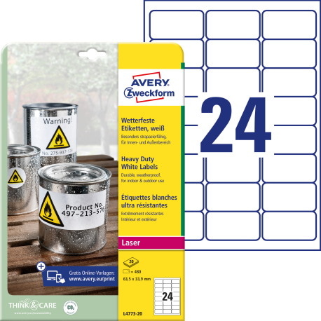 Etykiety Heavy Duty; A4, 20 ark./op., 63,5 x 33,9 mm, białe, poliestrowe