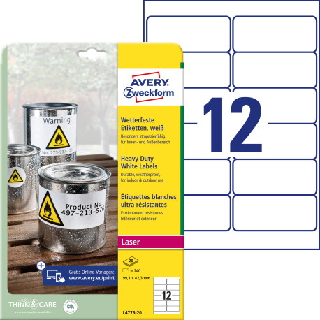 Etykiety Heavy Duty; A4, 20 ark./op., 99,1 x 42,3 mm, białe, poliestrowe
