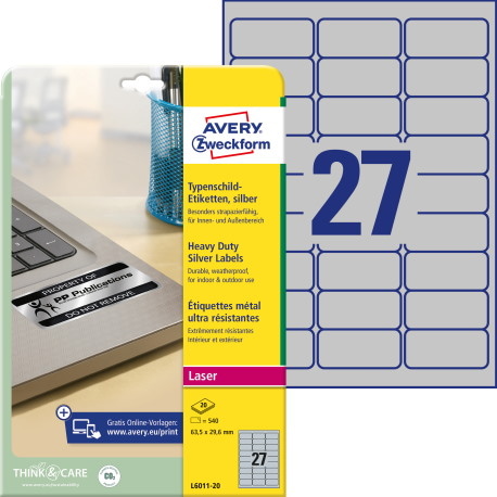 Etykiety znamionowe srebrne; A4, 20 ark./op., 63,5 x 29,6 mm, srebrne, poliestrowe