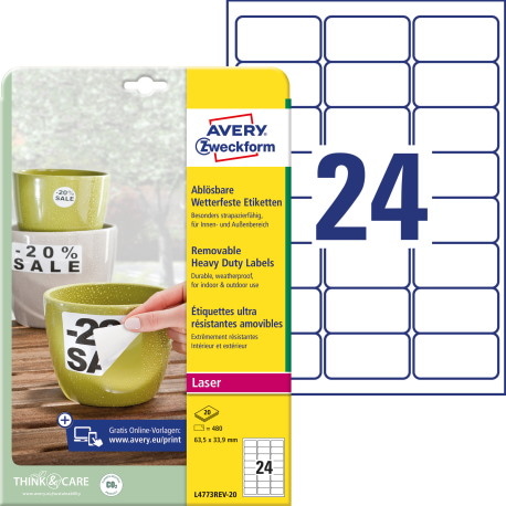 Etykiety Heavy Duty; A4, 20 ark./op., 63,5 x 33,9 mm, białe, poliestrowe - USUWALNE
