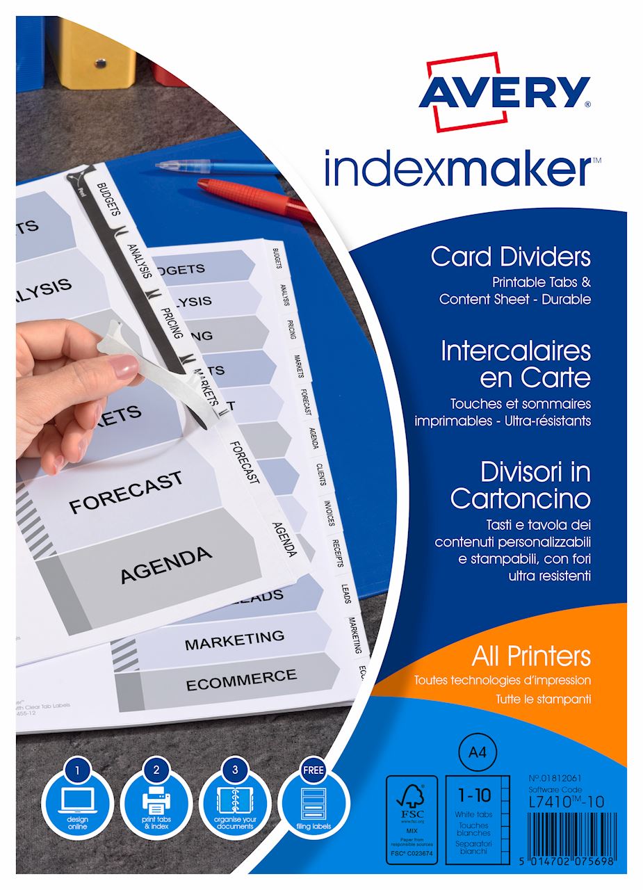 Przekładki IndexMaker™ białe; A4, 225 x 297 mm, 10 przekł./op., białe
