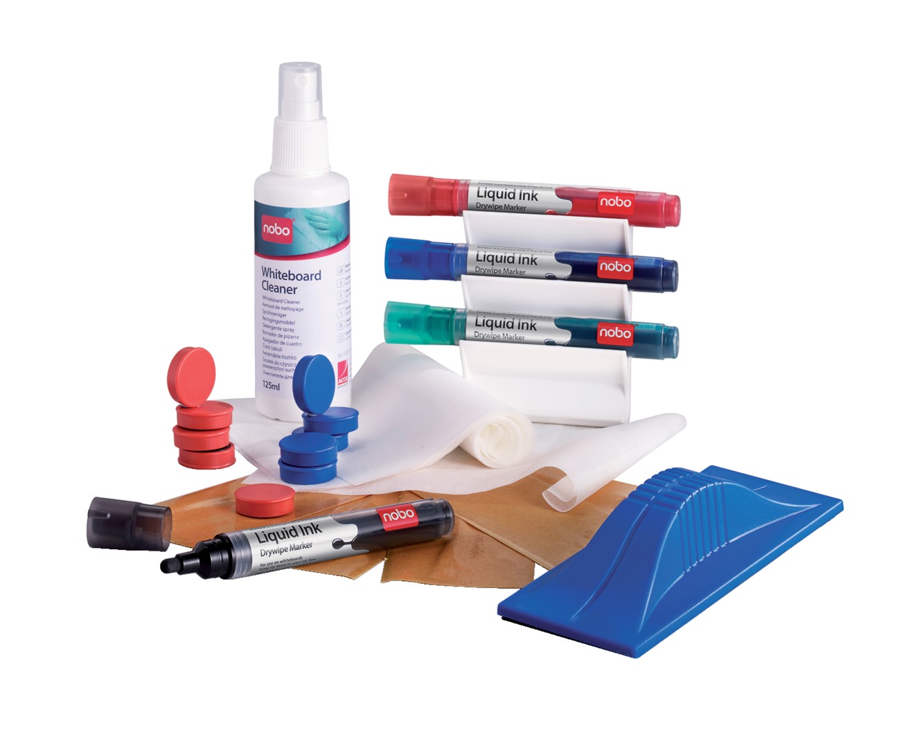 Zestaw wydajny do tablic: 4 markery, środek czyszczący w sprayu 125 ml, 10 chusteczek suchych, gąbkę magnetyczną, magnetyczny pojemnik na markery, 10 magnesów 25 mm