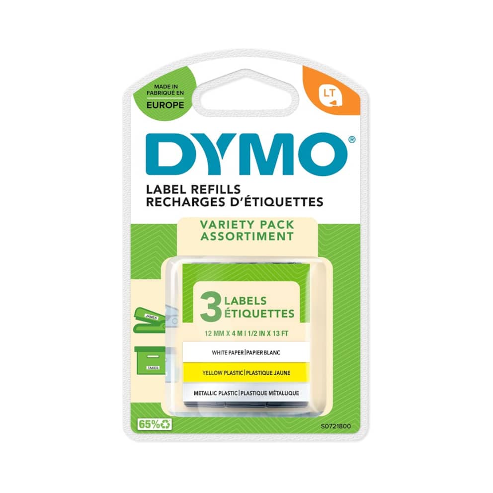 DYMO 3 taśmy 12mm/4m - papierowa biała, plastikowa żółta, metalowa