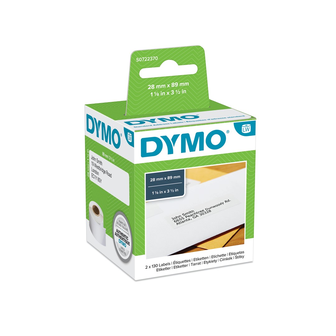 DYMO LW etykiety adresowe, 28 mm x 89 mm, samoprzylepne, rolka 130 etykiet, dwupak (w sumie 260 łatwych do odklejania etykiet) do drukarek etykiet LabelWriter, oryginalne