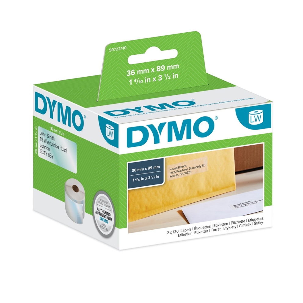 DYMO LW duże etykiety adresowe, 36 mm x 89 mm, czarny nadruk na przezroczystym, 2 rolki po 130 etykiet każda, (w sumie 260 łatwych do odklejania etykiet), samoprzylepne, do drukarek etykiet LabelWriter, oryginalne
