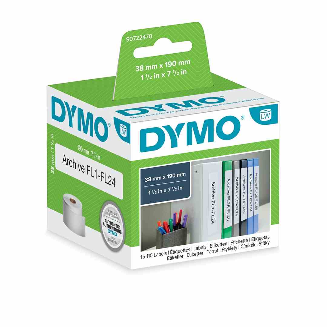 DYMO LW etykiety uniwersalne/na segregatory, małe, 38 mm x 190 mm, rolka 110 łatwych do odklejania etykiet, samoprzylepne, do drukarek etykiet LabelWriter, oryginalne