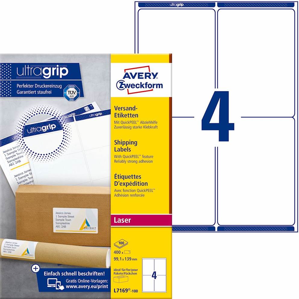 Etykiety wysyłkowe białe; A4, 100 ark./op., 99,1 x 139 mm, białe