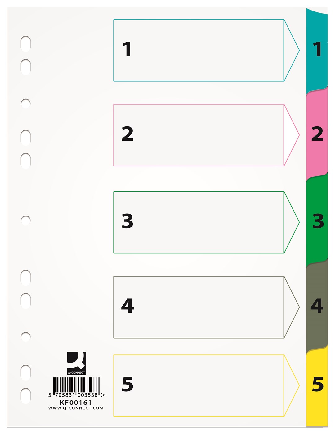 Przekładki Q-CONNECT Mylar, karton, A4, 225x297mm, 1-5, 5 kart, lam. indeks, mix kolorów