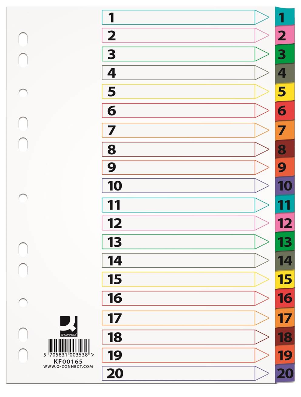 Przekładki Q-CONNECT Mylar, karton, A4, 225x297mm, 1-20, 20 kart, lam. indeks, mix kolorów