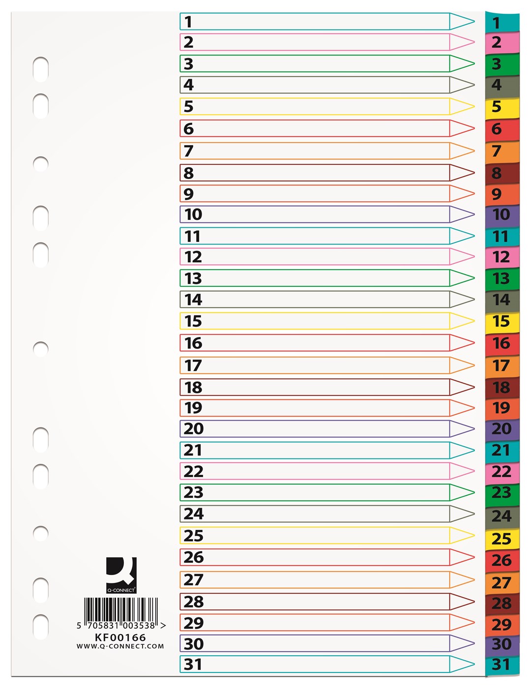 Przekładki Q-CONNECT Mylar, karton, A4, 225x297mm, 1-31, 31 kart, lam. indeks, mix kolorów