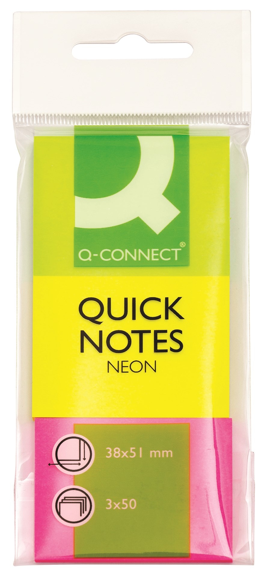 Bloczek samoprzylepny Q-CONNECT, 38x51mm, 3x50 kart., neon, mix kolorów