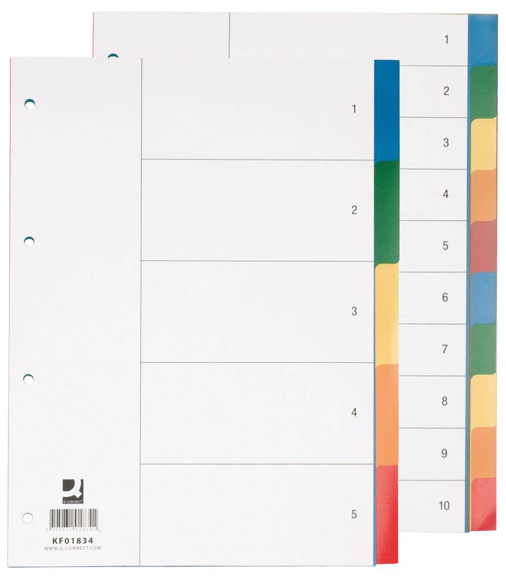 Przekładki Q-CONNECT, PP, A4, 230x297mm, 10+1 kart, mix kolorów