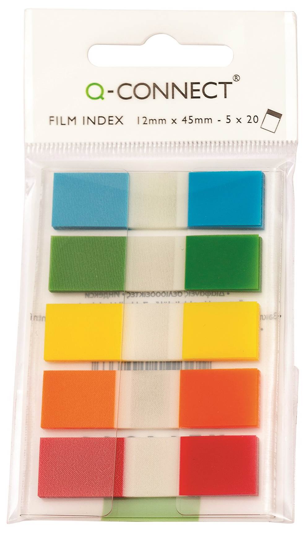 Zakładki indeksujące Q-CONNECT, PP, 12x45mm, 100 kart., zawieszka, mix kolorów