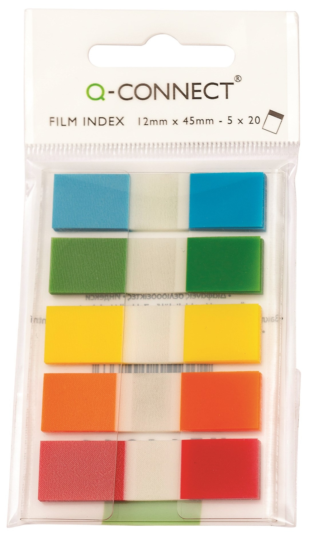 Zakładki indeksujące Q-CONNECT, PP, 12x45mm, 100 kart., zawieszka, mix kolorów