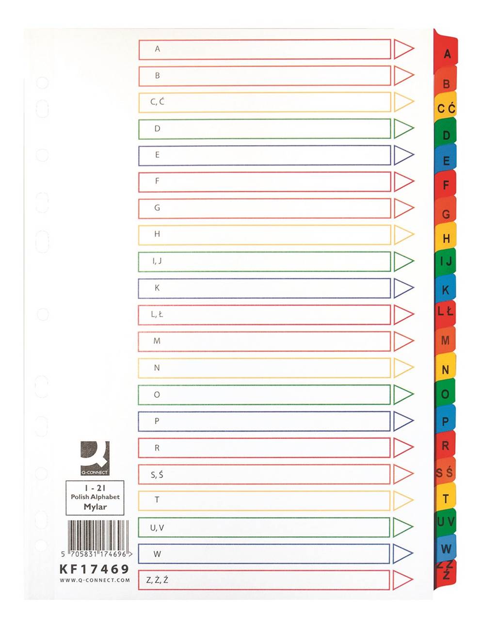 Przekładki Q-CONNECT Mylar, karton, A4, 225x297mm, A-Z, 21 kart, lam. indeks, mix kolorów