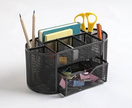 Przybornik na biurko Q-CONNECT Office Set, metalowy, z szufladką, czarny