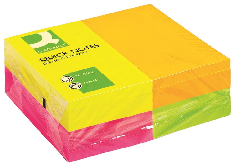 Bloczek samoprzylepny Q-CONNECT Rainbow, 127x76mm, 4x3x100 kart., neon, mix kolorów