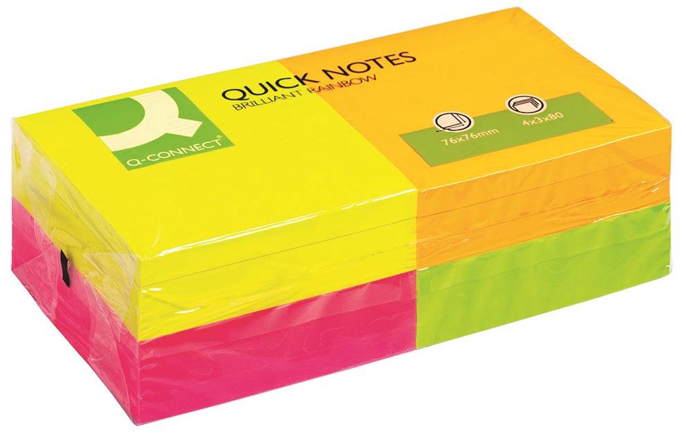 Bloczek samoprzylepny Q-CONNECT Rainbow, 76x76mm, 4x3x80 kart., neon, mix kolorów