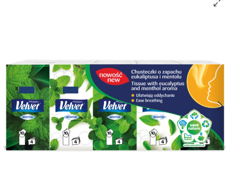 Chusteczki higieniczne VELVET, Eukaliptus i mentol, 4-warstwowe, 10x10szt., białe