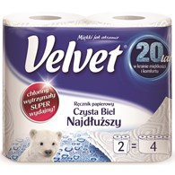 Ręczniki w roli celulozowe VELVET Najdłuższy, 2-warstwowe, 90 listków, 2szt., białe