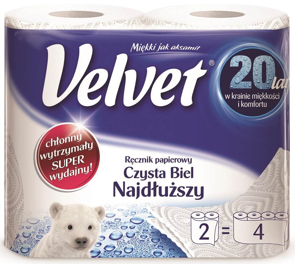 Ręczniki w roli celulozowe VELVET Najdłuższy, 2-warstwowe, 90 listków, 2szt., białe