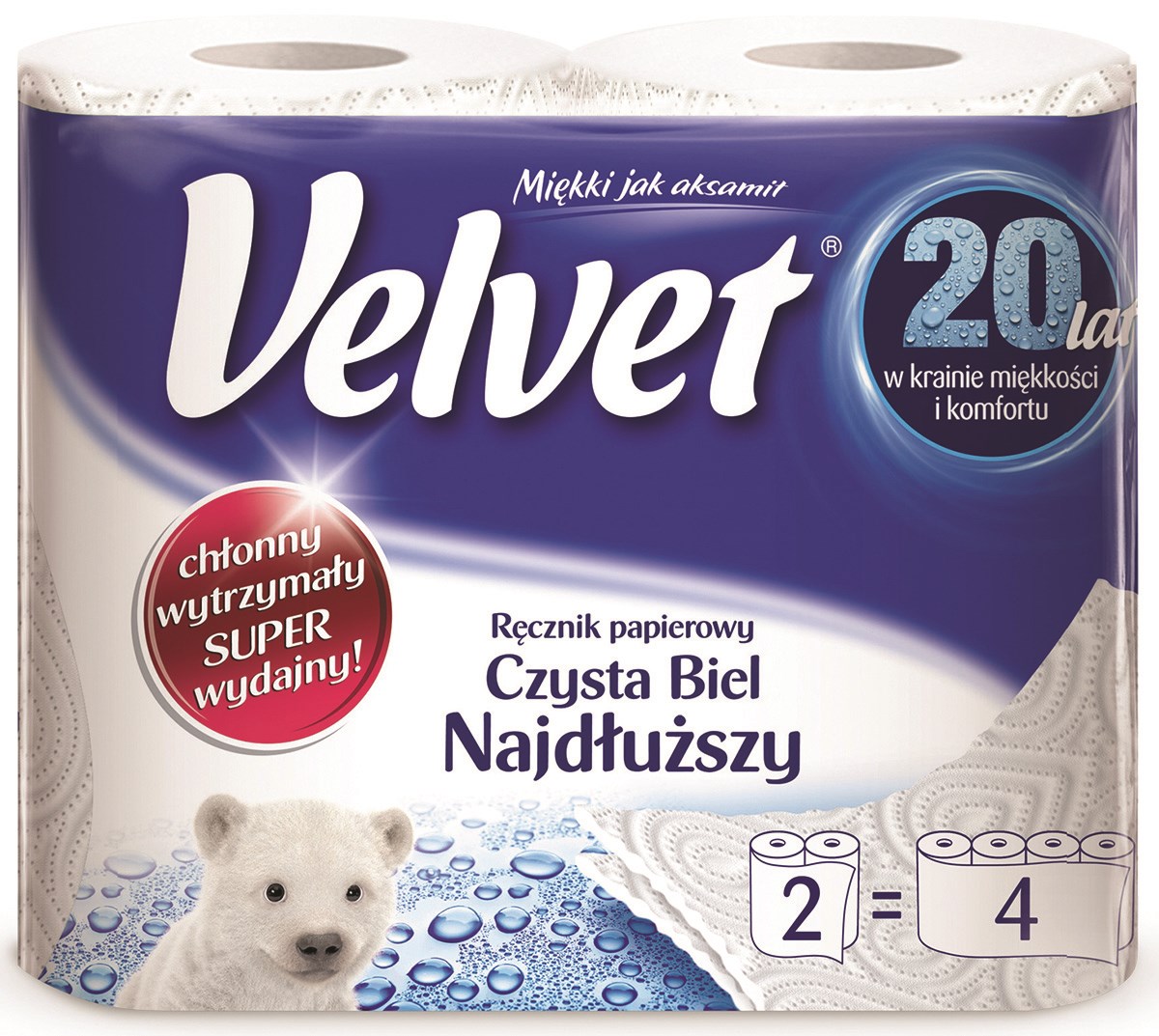 Ręczniki w roli celulozowe VELVET Najdłuższy, 2-warstwowe, 90 listków, 2szt., białe